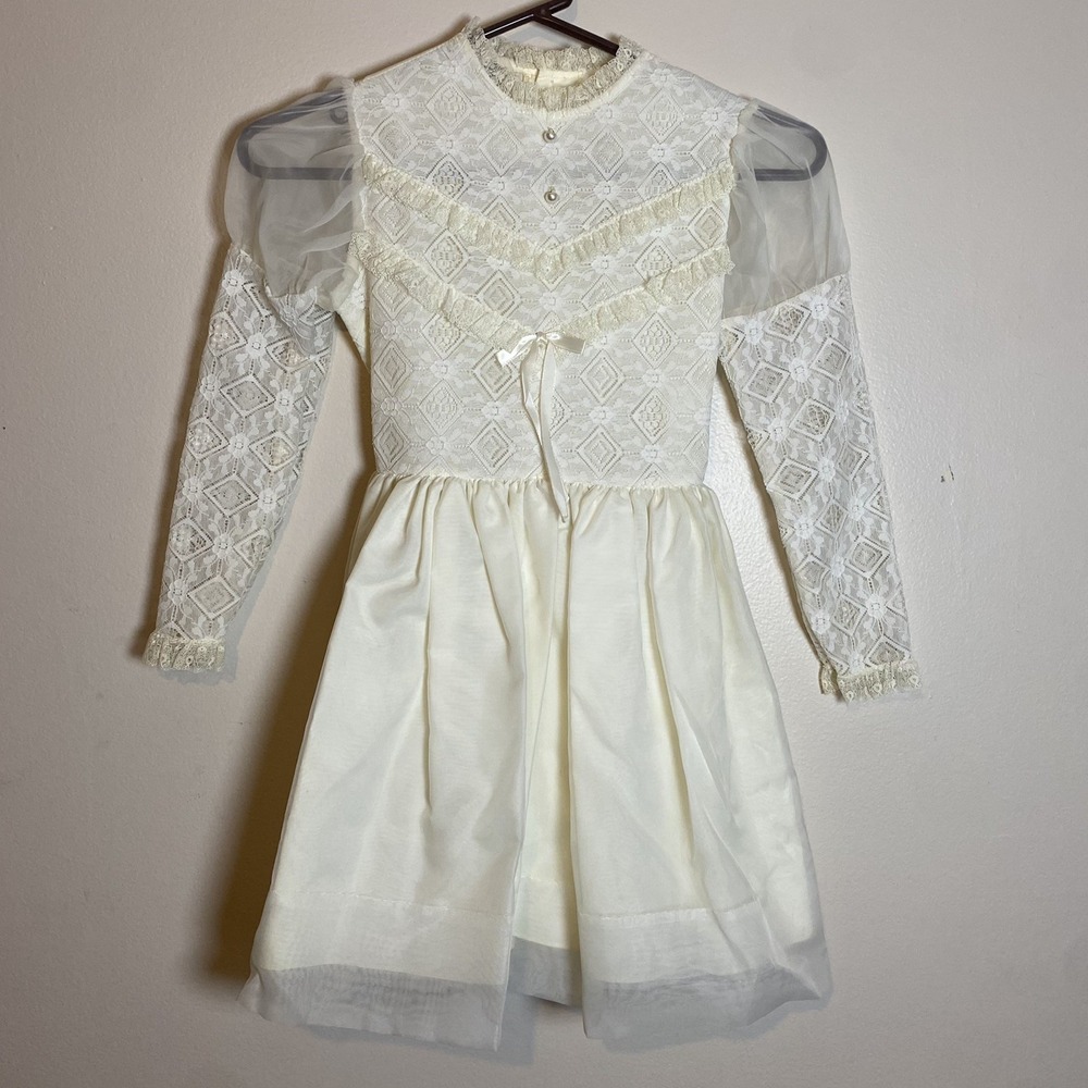 Vintage Girls Size 8 L'Enfant Cream White Sheer Lace Dress Collared Cuffs Bow